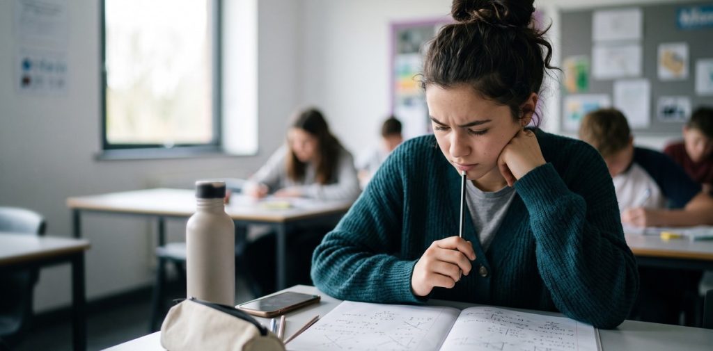 Focused teenage girl writing in notebook doing math exercise in school classroom. Deeply concentrated high school student solving task, exam or test concept.