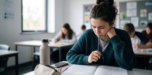 Focused teenage girl writing in notebook doing math exercise in school classroom. Deeply concentrated high school student solving task, exam or test concept.